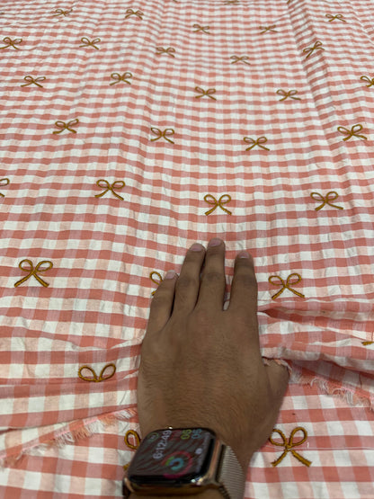 Buy Premium Seersucker Rust Pink Gingham Bow Embroidery Fabric