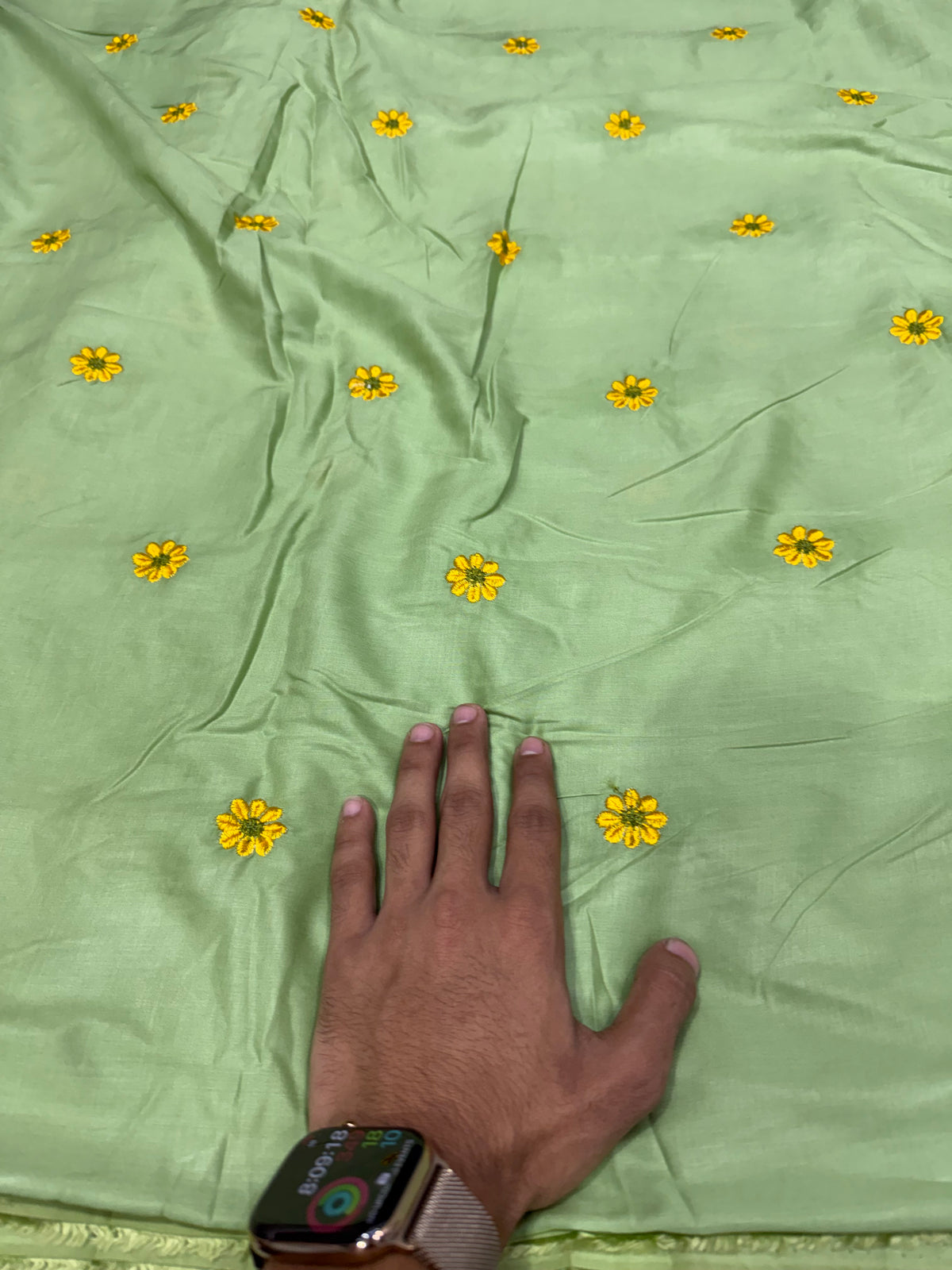 Buy Rayon Viscose Apple Green Daisy Embroidery Fabric