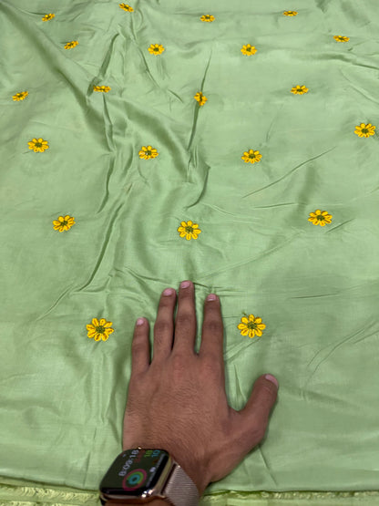 Buy Rayon Viscose Apple Green Daisy Embroidery Fabric