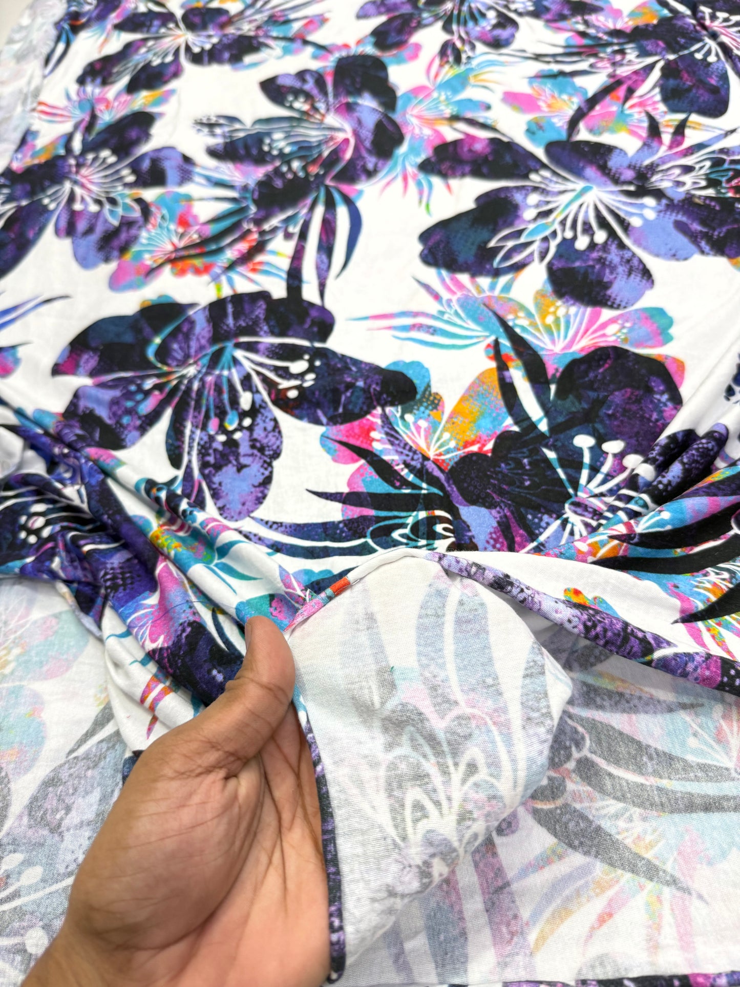 Buy Knitted Stretchable Fusion Purple Floral Printed Fabric