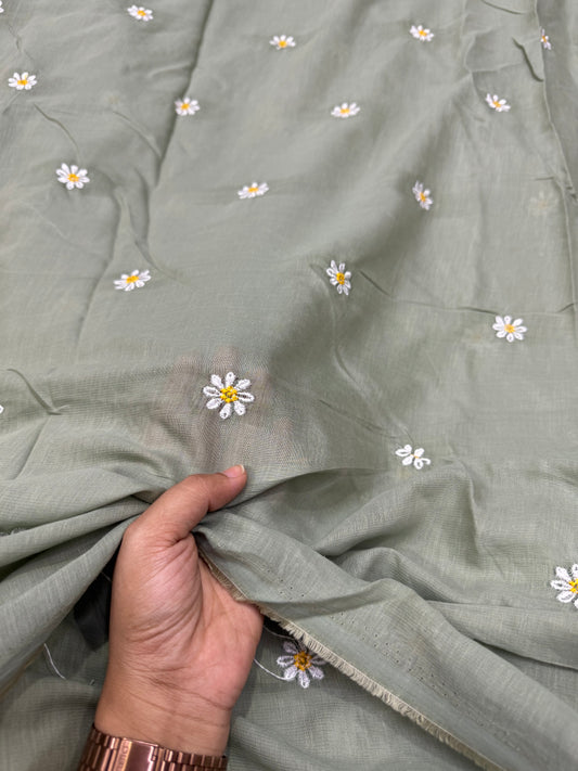 Buy Mul Cotton Viscose Sage Green Daisy Embroidery Fabric