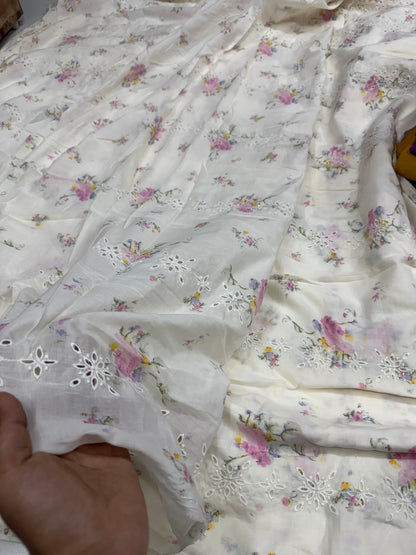 Buy Mul Cotton White Base Watercolour Printed Hakoba Fabric