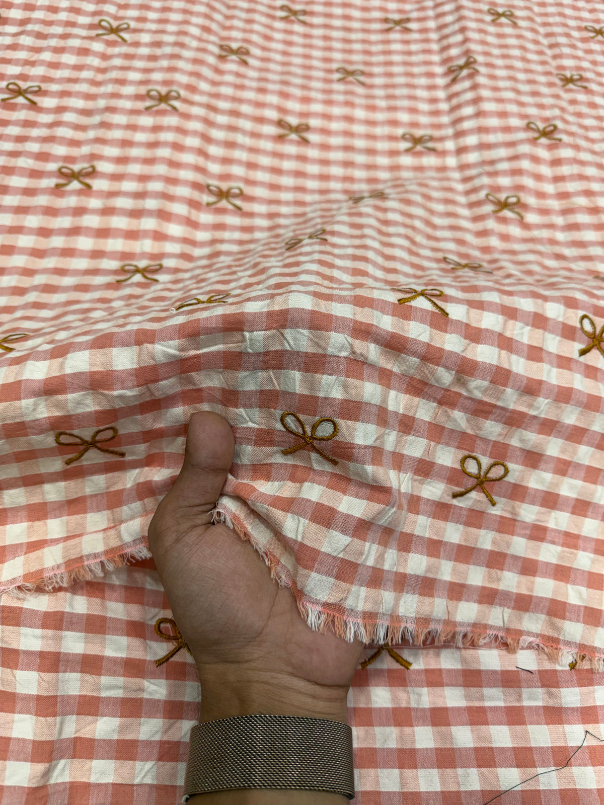 Buy Premium Seersucker Rust Pink Gingham Bow Embroidery Fabric