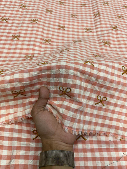 Buy Premium Seersucker Rust Pink Gingham Bow Embroidery Fabric