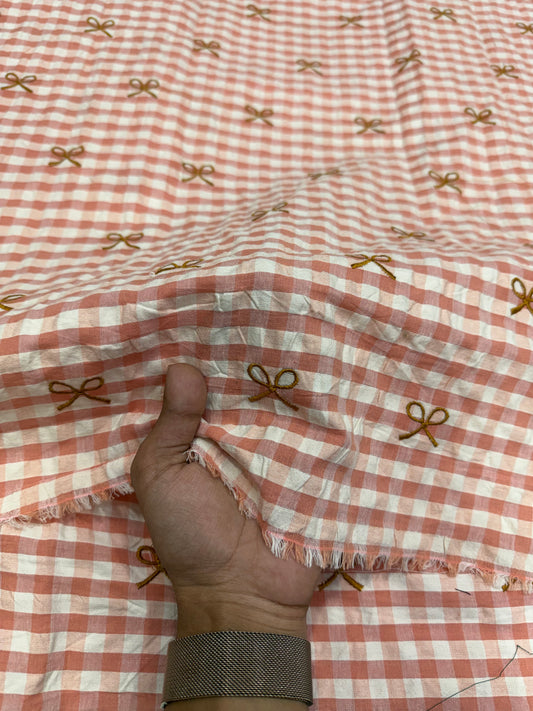 Buy Premium Seersucker Rust Pink Gingham Bow Embroidery Fabric