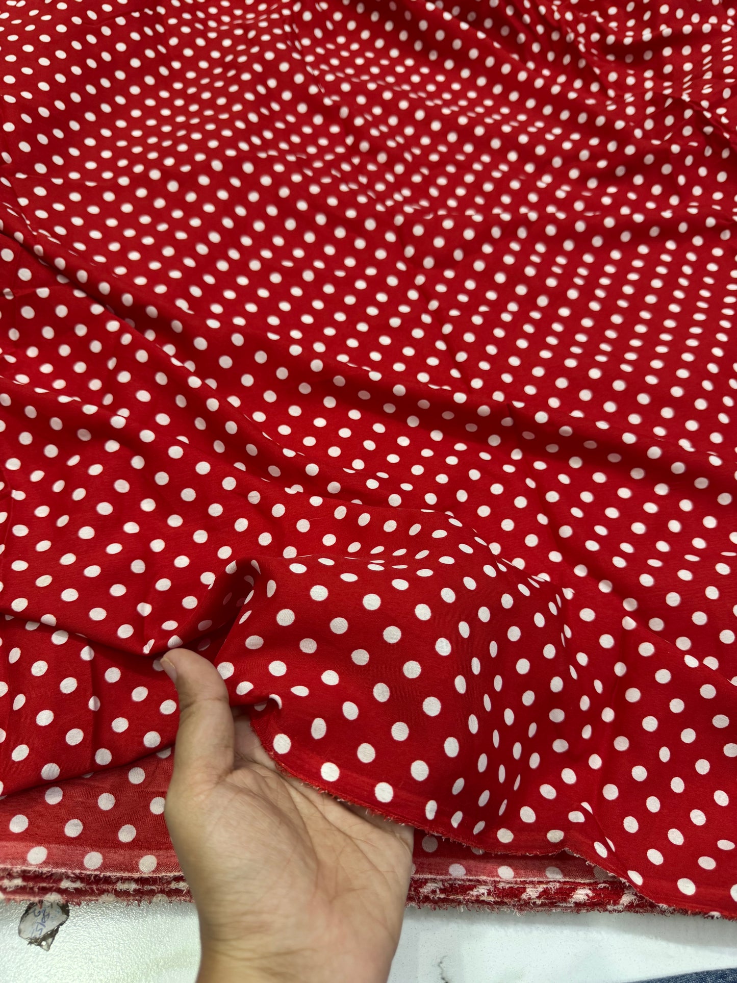 Buy Banana Crepe Red Base Polka Dot Printed Fabric