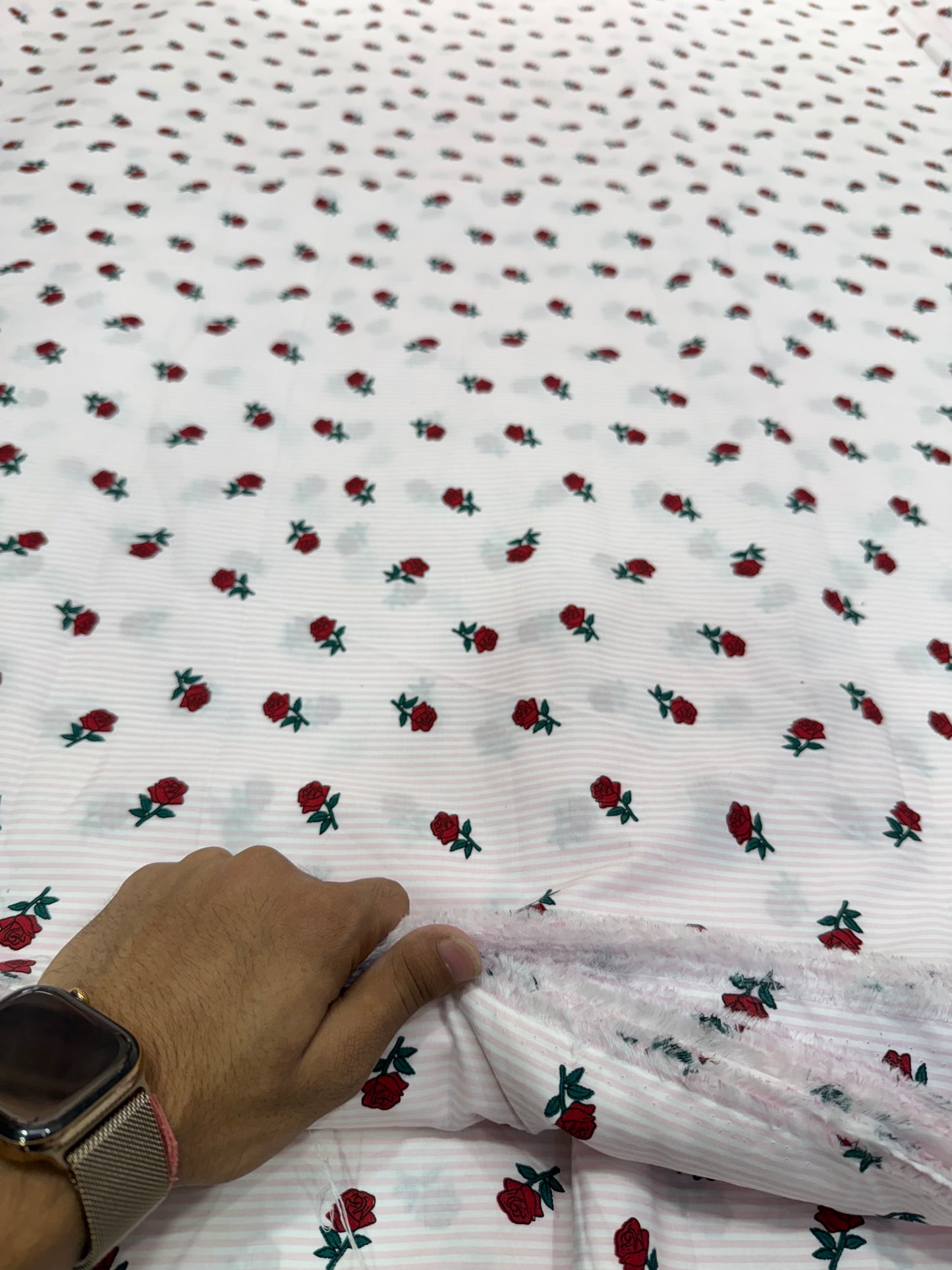 Buy Cotton Poplin Pink Stripe Red Roses Printed Fabric