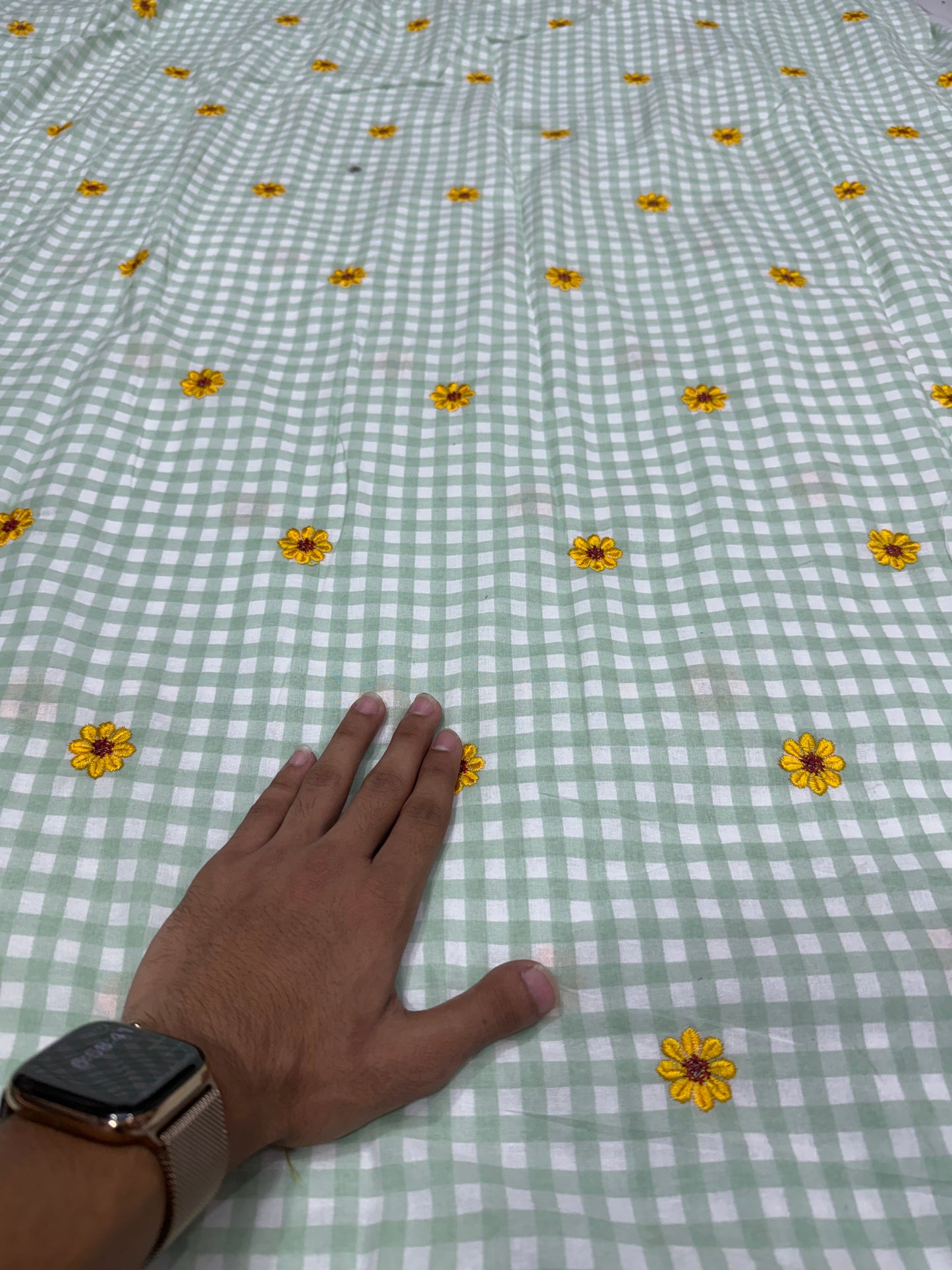 Buy Premium Mint Green Flower Embroidery Gingham Checks Fabric
