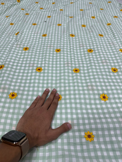 Buy Premium Mint Green Flower Embroidery Gingham Checks Fabric