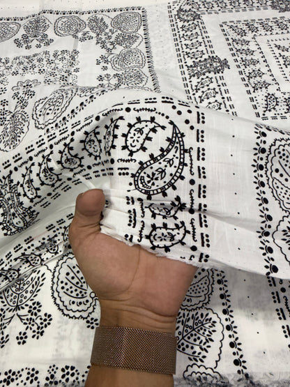 Buy Fine Cotton Slub Black White Booti Border Print Fabric