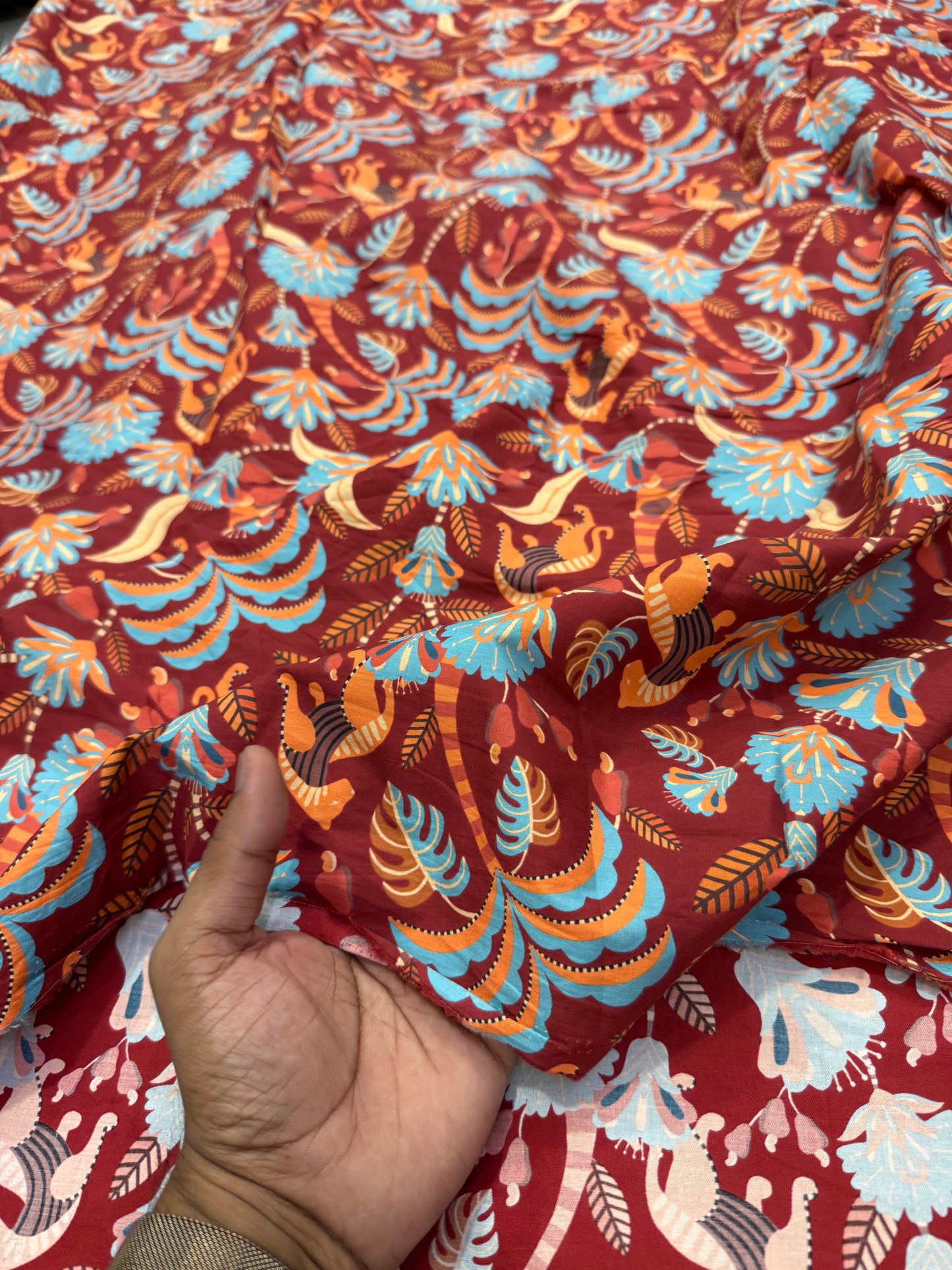 Buy Cotton Poplin Maroon Base Palm Jaco Printed Fabric