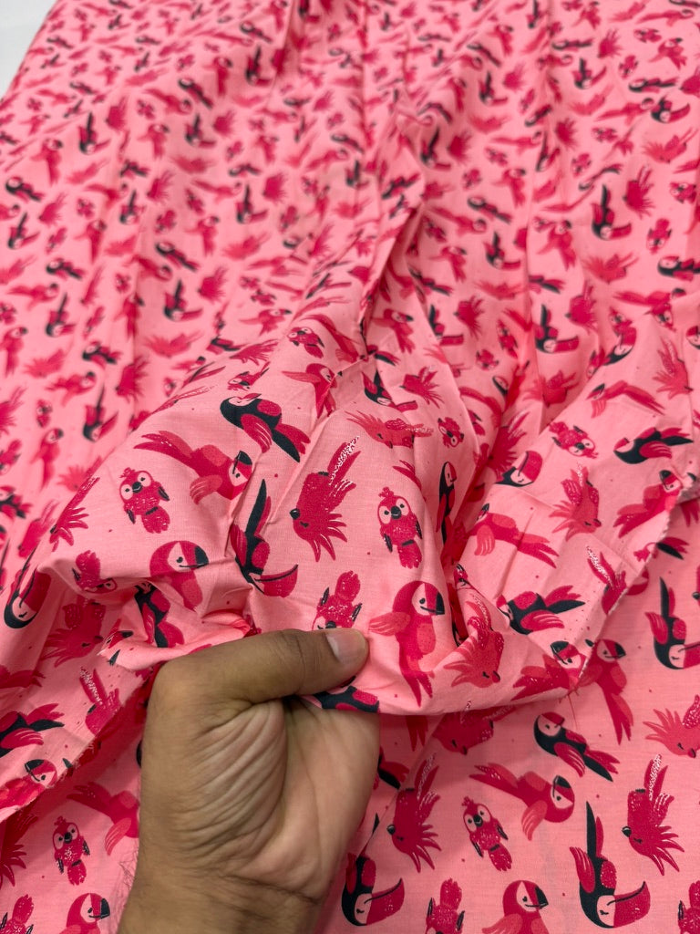 Buy Cotton Poplin Pink Base Multi Parrot Printed Fabric