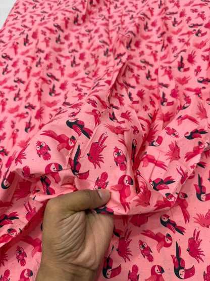 Buy Cotton Poplin Pink Base Multi Parrot Printed Fabric