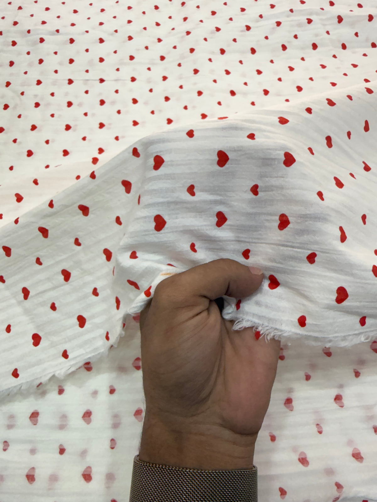 Buy Premium Seersucker White Red Heart Print Fabric
