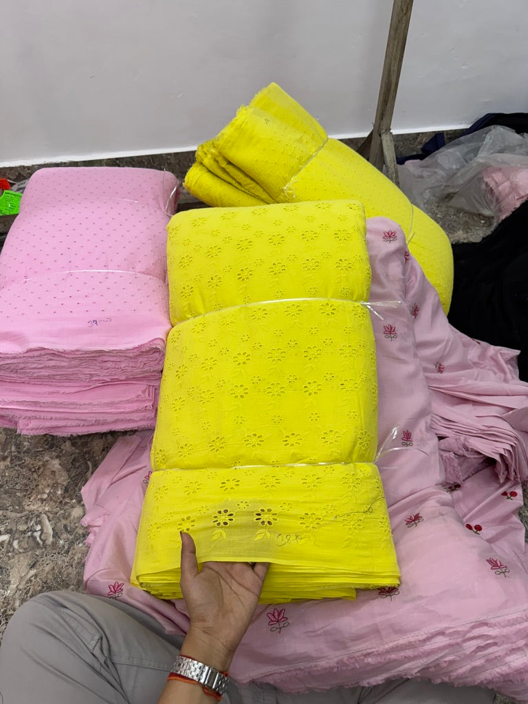 Buy Cotton Hakoba Neon Yellow Leafy Joined Flower Embroidery