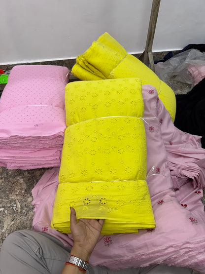 Buy Cotton Hakoba Neon Yellow Leafy Joined Flower Embroidery