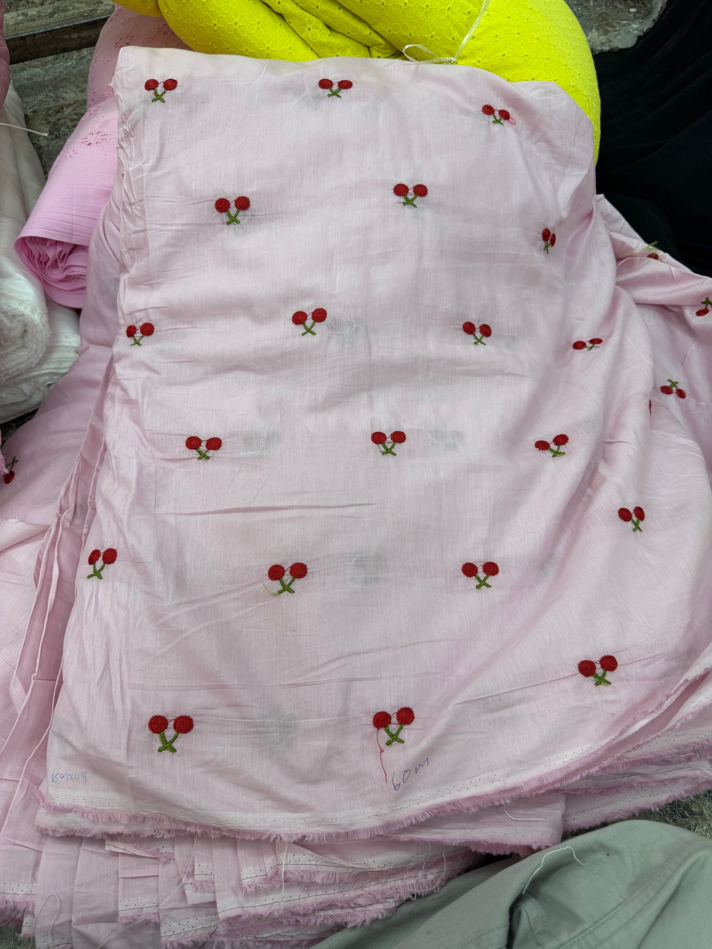 Buy Mul Cotton Baby Pink Cherry Embroidery Fabric