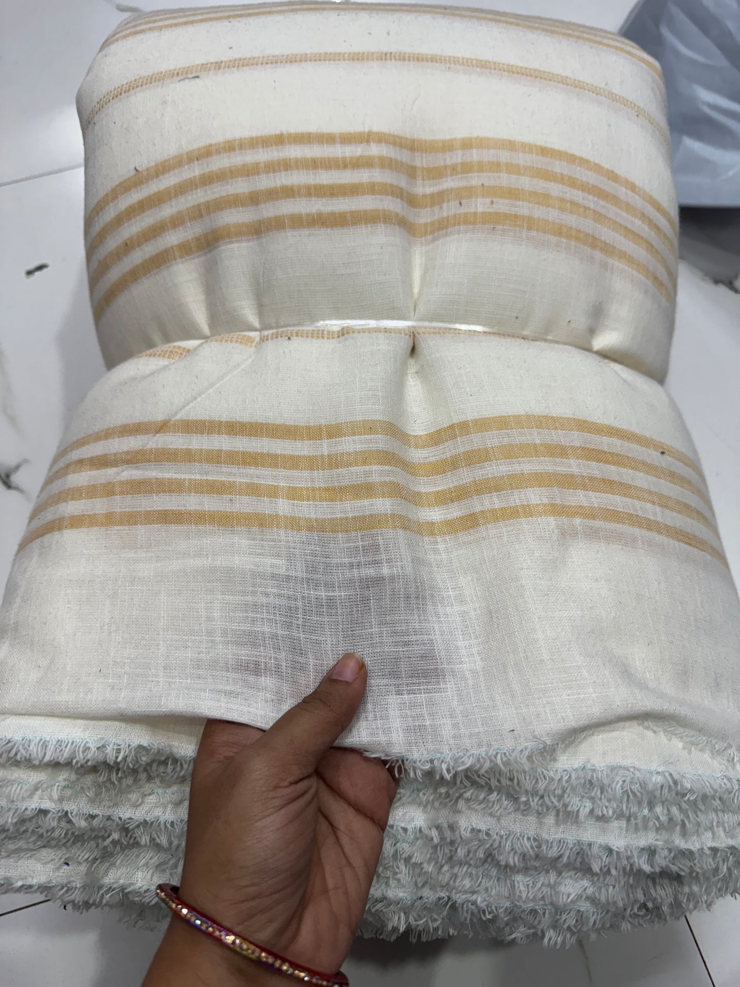 Buy Mul Cotton White Base Beige Stripe Yellow Yarn Dyed Fabric