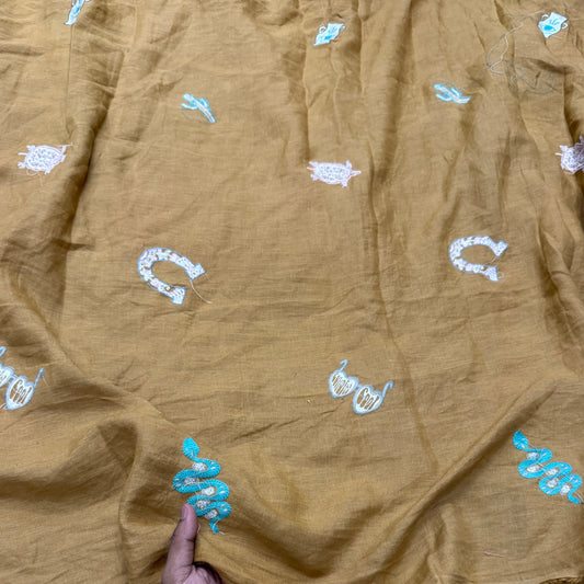 Buy Pure Linen Brown Patch Embroidery Fabric - MAF 