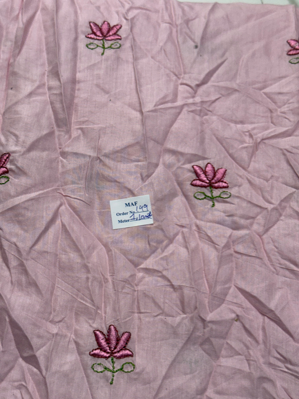Buy Cutpiece Mul Cotton Baby Pink Lotus Embroidery 1.10 Centimeter