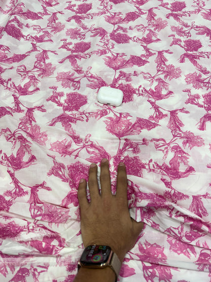 Buy Premium Mul Cotton White Magenta Botanical Branch Print Fabric
