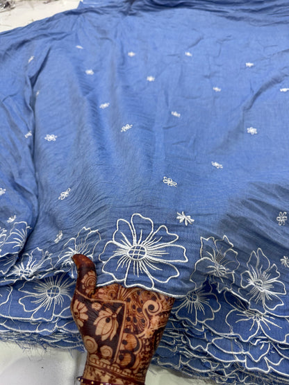 Buy Soft Denim Blue Base White Border Embroidery Fabric