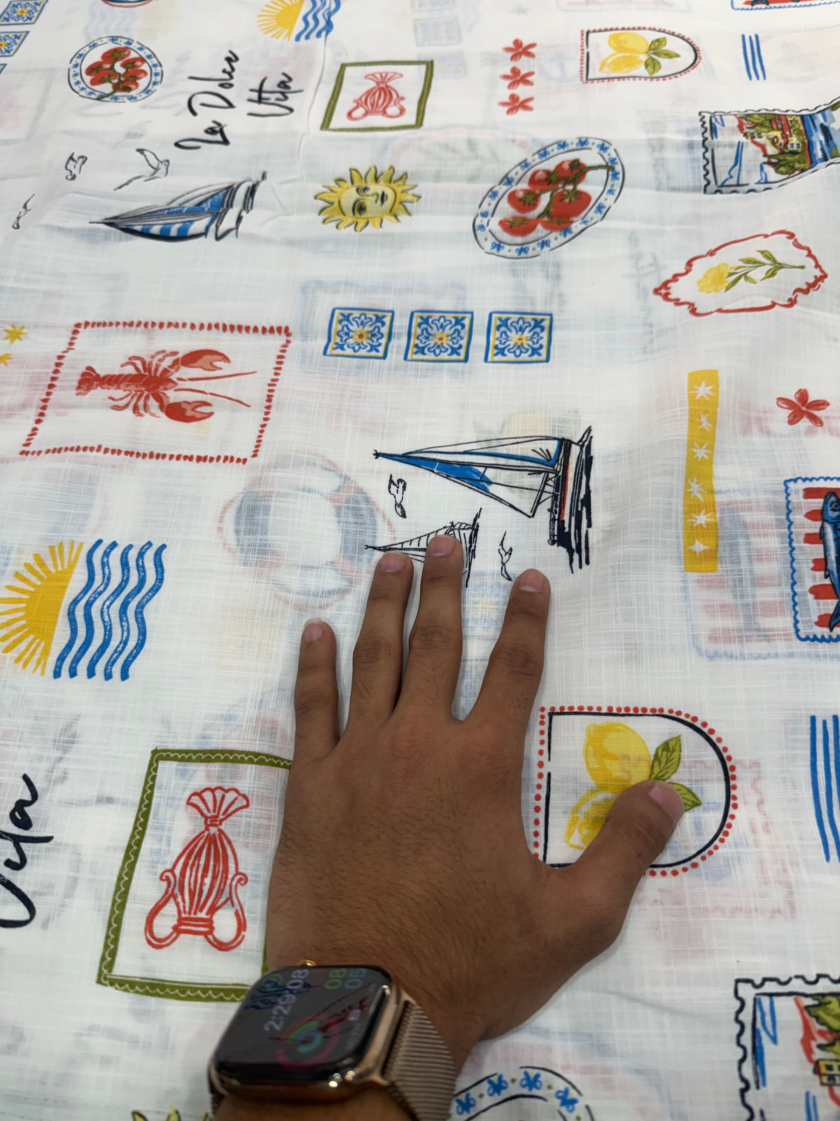 Buy Fine Premium Cotton Slub White Mediterranean Vacation Print Fabric