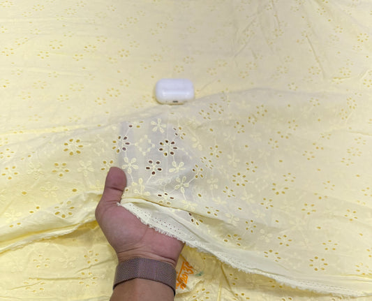 Buy Cotton Hakoba Butter Yellow Floral Sprig Embroidery Fabric