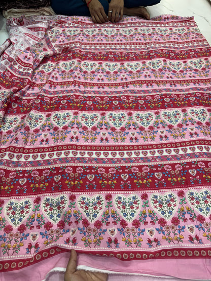 Buy Mul Cotton Pink Base Heart Panel Printed Fabric