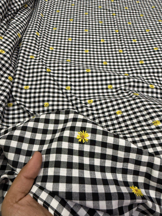 Buy Gingham Black & White Check Yellow Daisy Embroidery Fabric