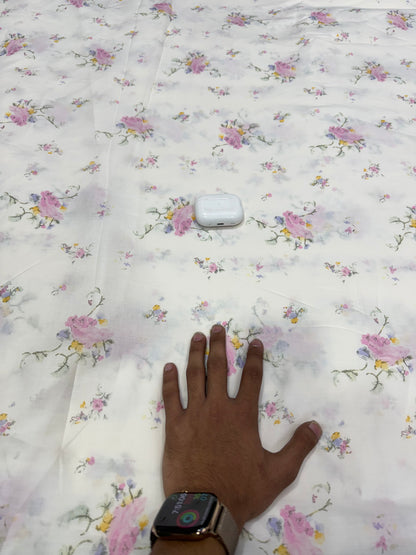 Buy Mul Cotton White Pink Rose Floral Print Fabric