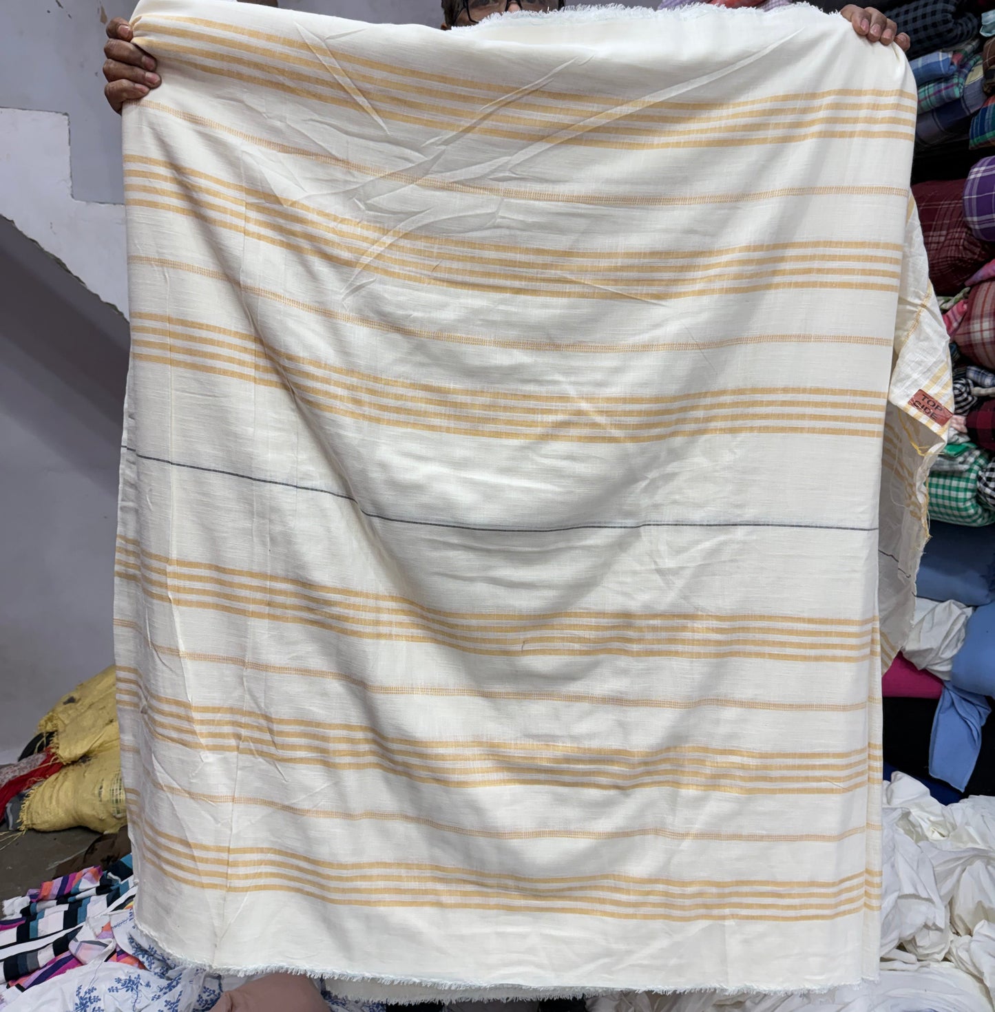 Buy Mul Cotton White Base Beige Stripe Yellow Yarn Dyed Fabric