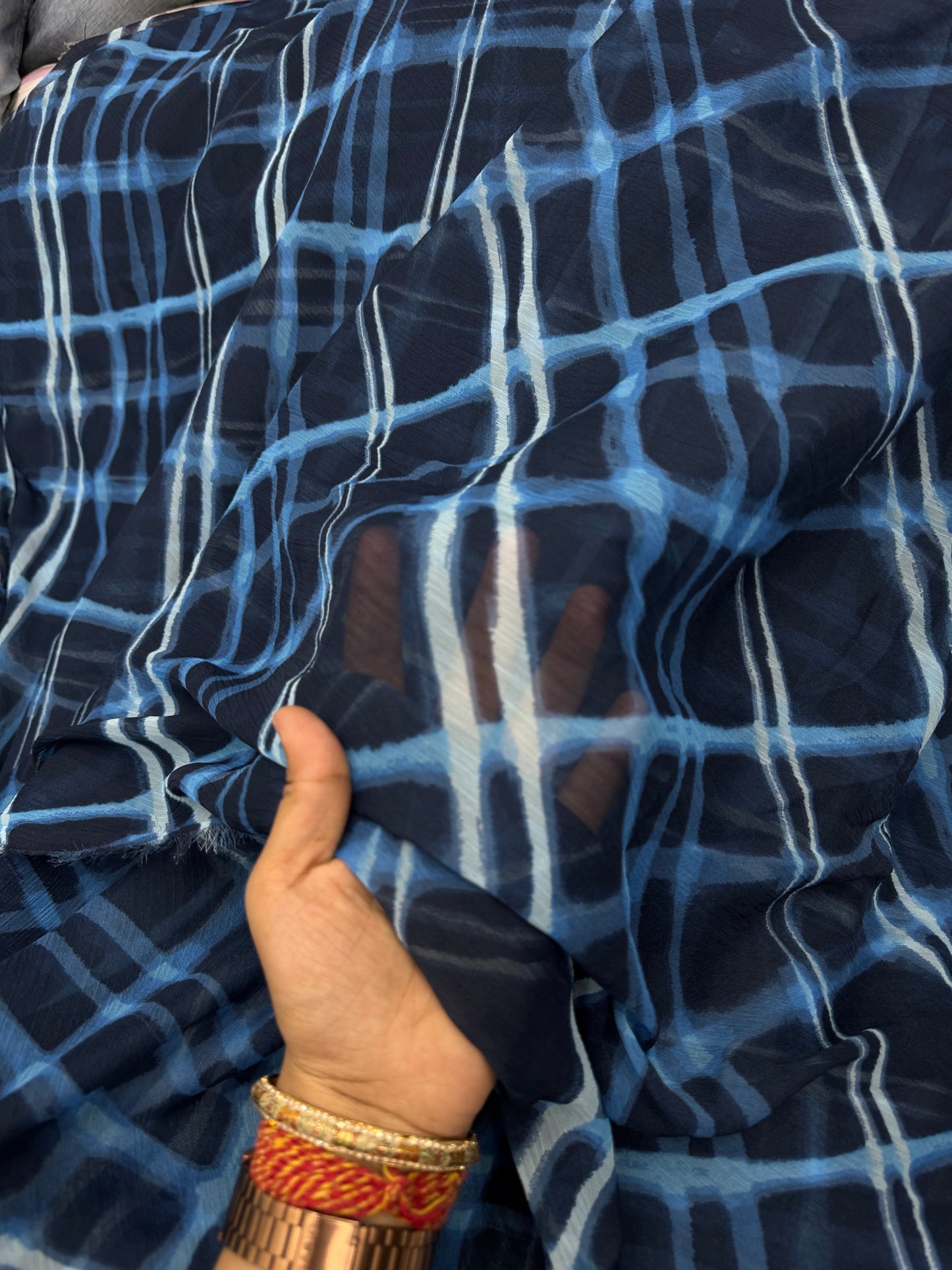 Buy Viscose Chiffon Water Blue Diamond Printed Fabric