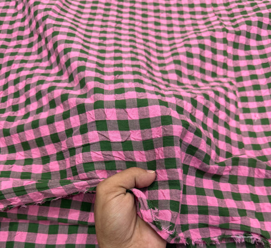 Buy Premium Seersucker Pink Green Check Fabric