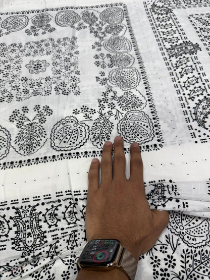 Buy Fine Cotton Slub Black White Booti Border Print Fabric