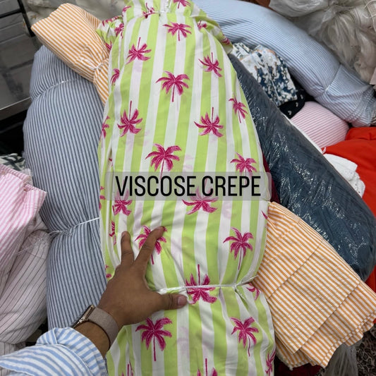 Buy Viscose Crepe Neon Green White Stripe Palm Tree Printed Fabric