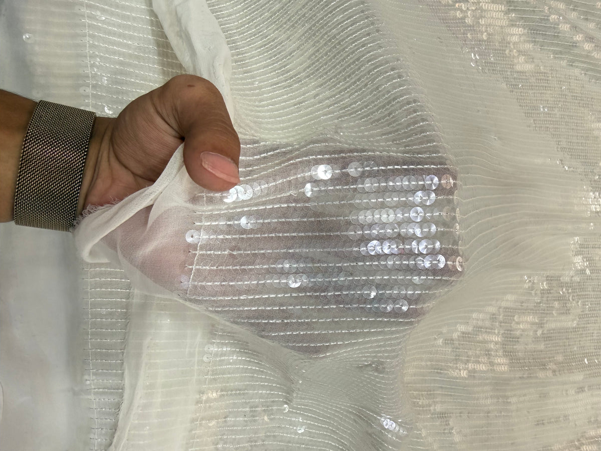 Buy Sequins Ivory White Vertical Line Fabric
