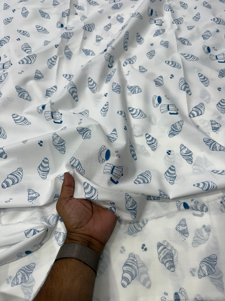 Buy Poplin Cotton White Base Indigo Croissant Printed Fabric