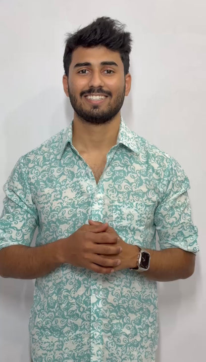 Buy 100% Pure Linen Mint Green Floral Printed - MAF 