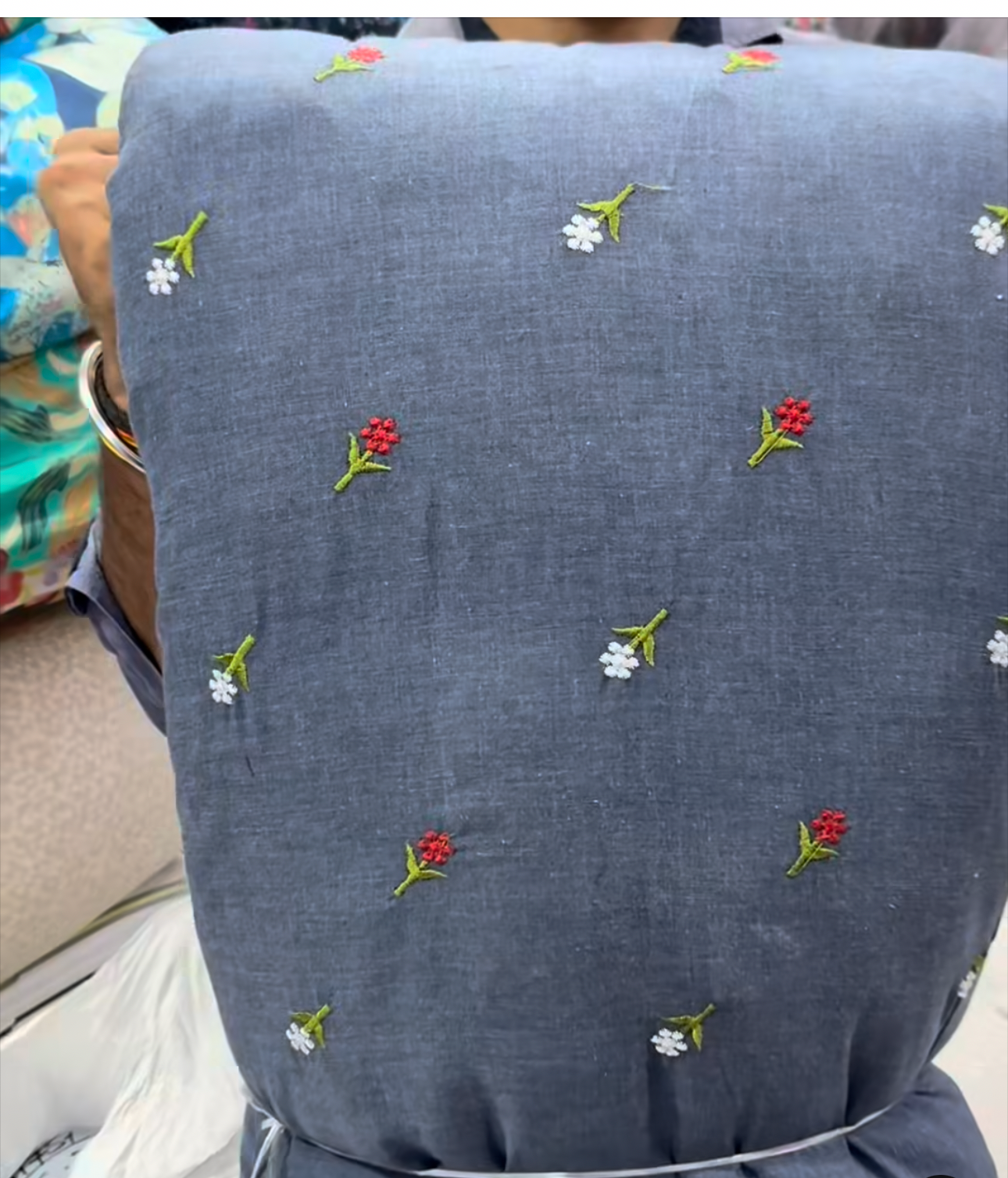 Buy Mul Cotton Grey Base Multi Floral Embroidery Fabric