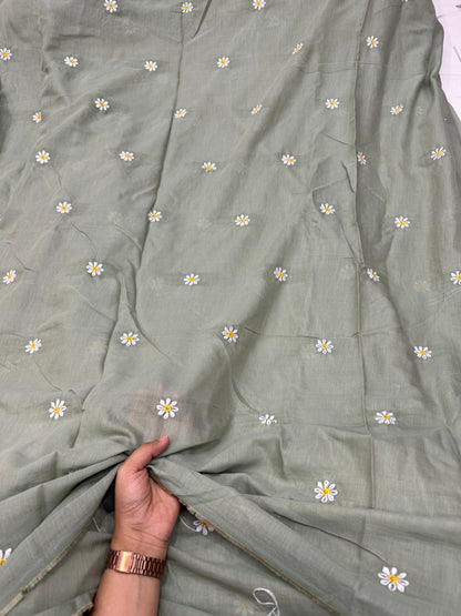Buy Mul Cotton Viscose Sage Green Daisy Embroidery Fabric
