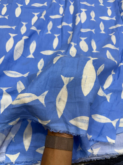 Buy Premium Cotton Double Cloth Cornflower Blue White Fish Print Fabric