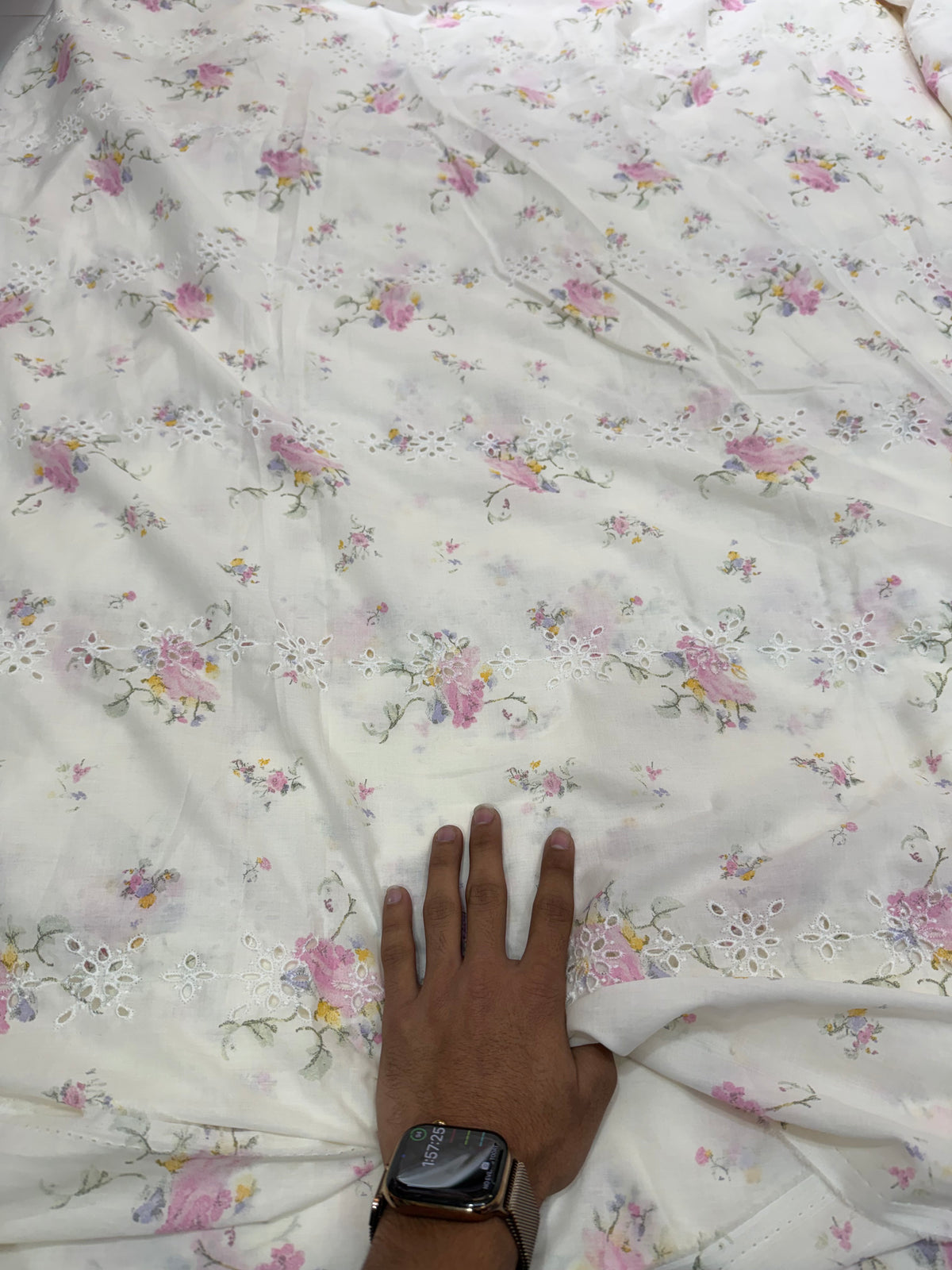 Buy Mul Cotton White Multicolor Floral Print Schiffli Embroidery Fabric