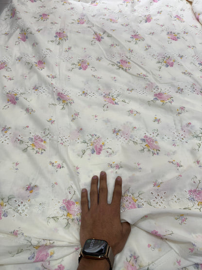 Buy Mul Cotton White Multicolor Floral Print Schiffli Embroidery Fabric