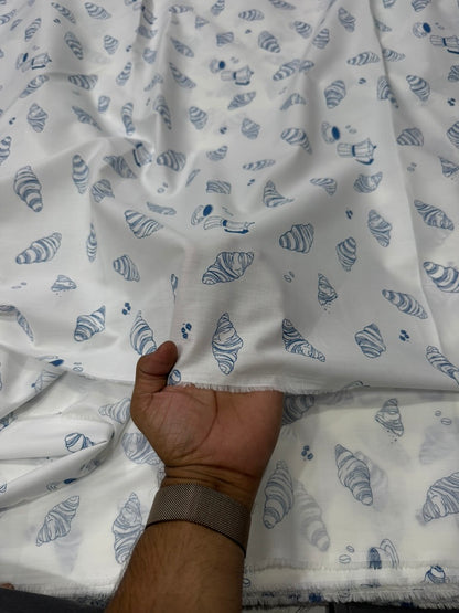 Buy Poplin Cotton White Base Indigo Croissant Printed Fabric