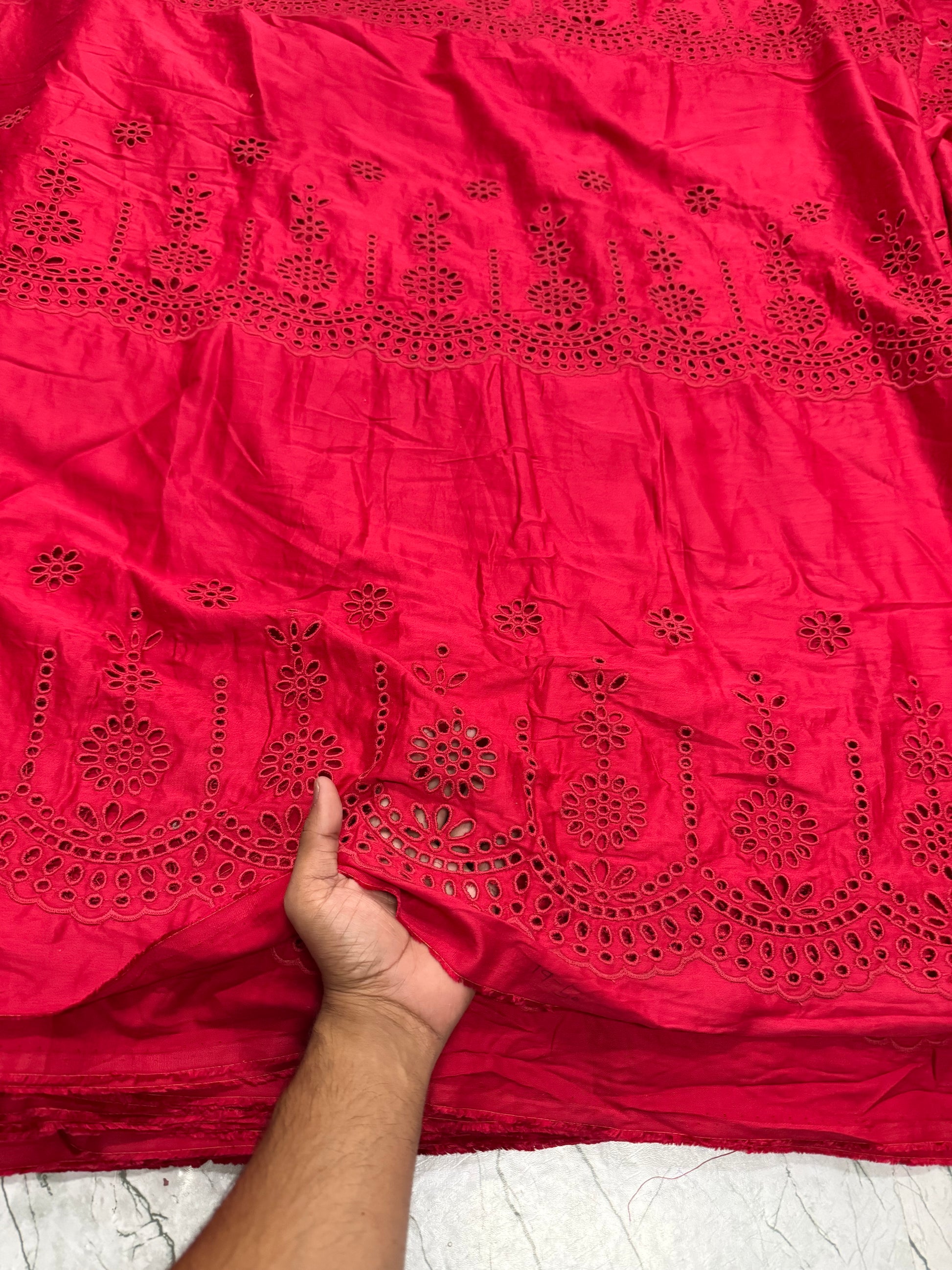Buy Hakoba Red Cotton Satin Heavy Triple Layer Embroidery Fabric - MAF 