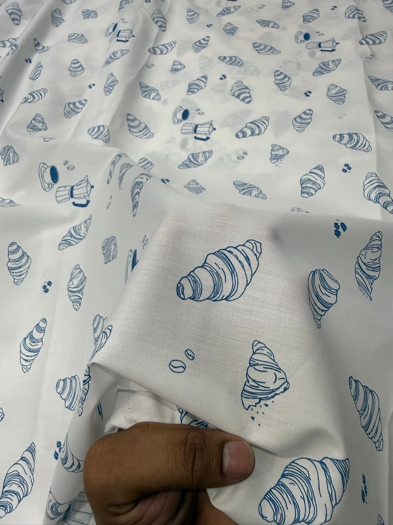 Buy Poplin Cotton White Base Indigo Croissant Printed Fabric