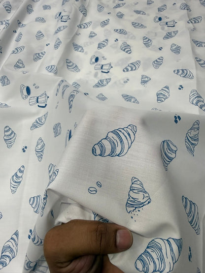 Buy Poplin Cotton White Base Indigo Croissant Printed Fabric