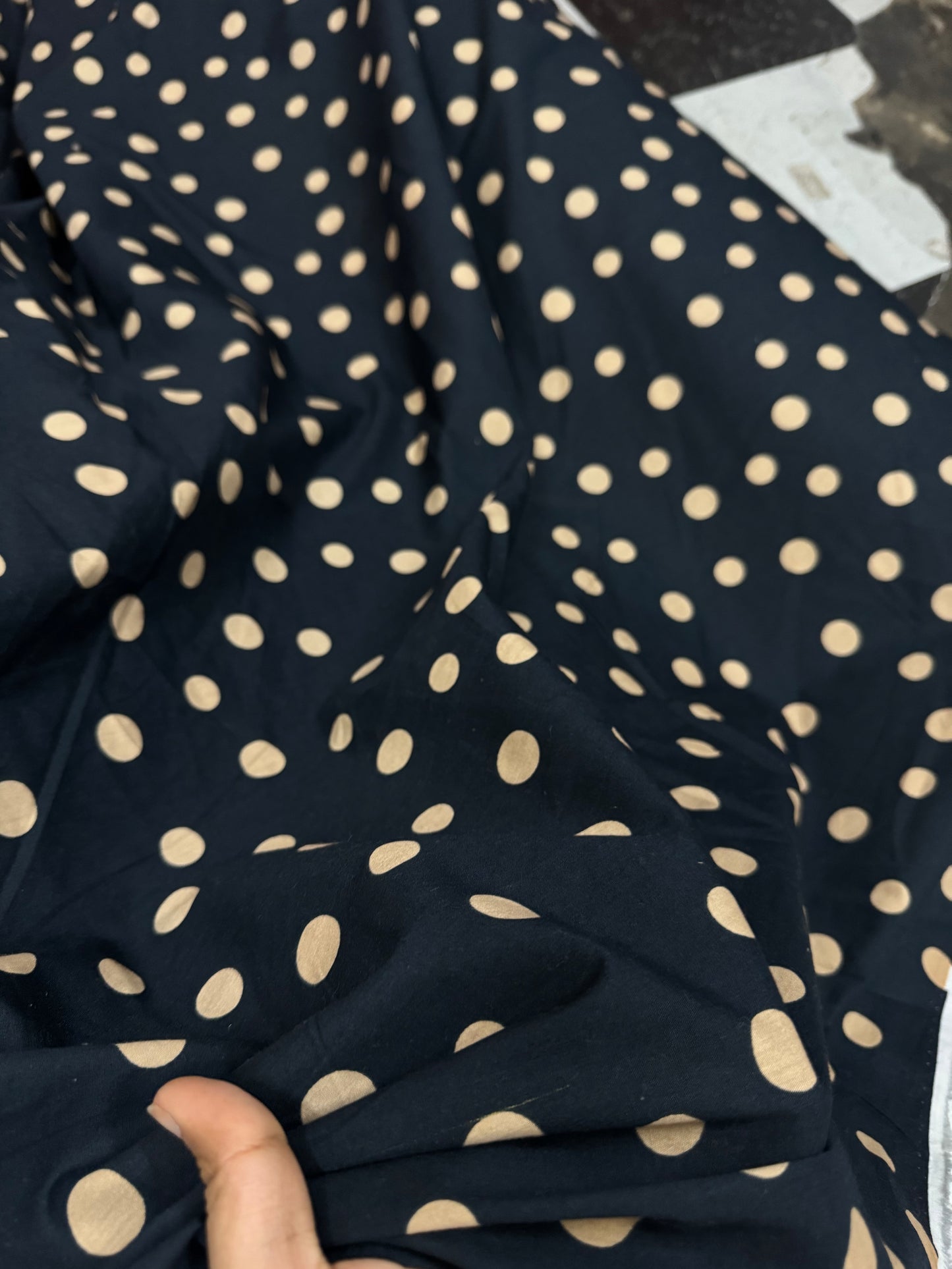 Buy Cotton Poplin Black Base Ivory Polka Printed Fabric