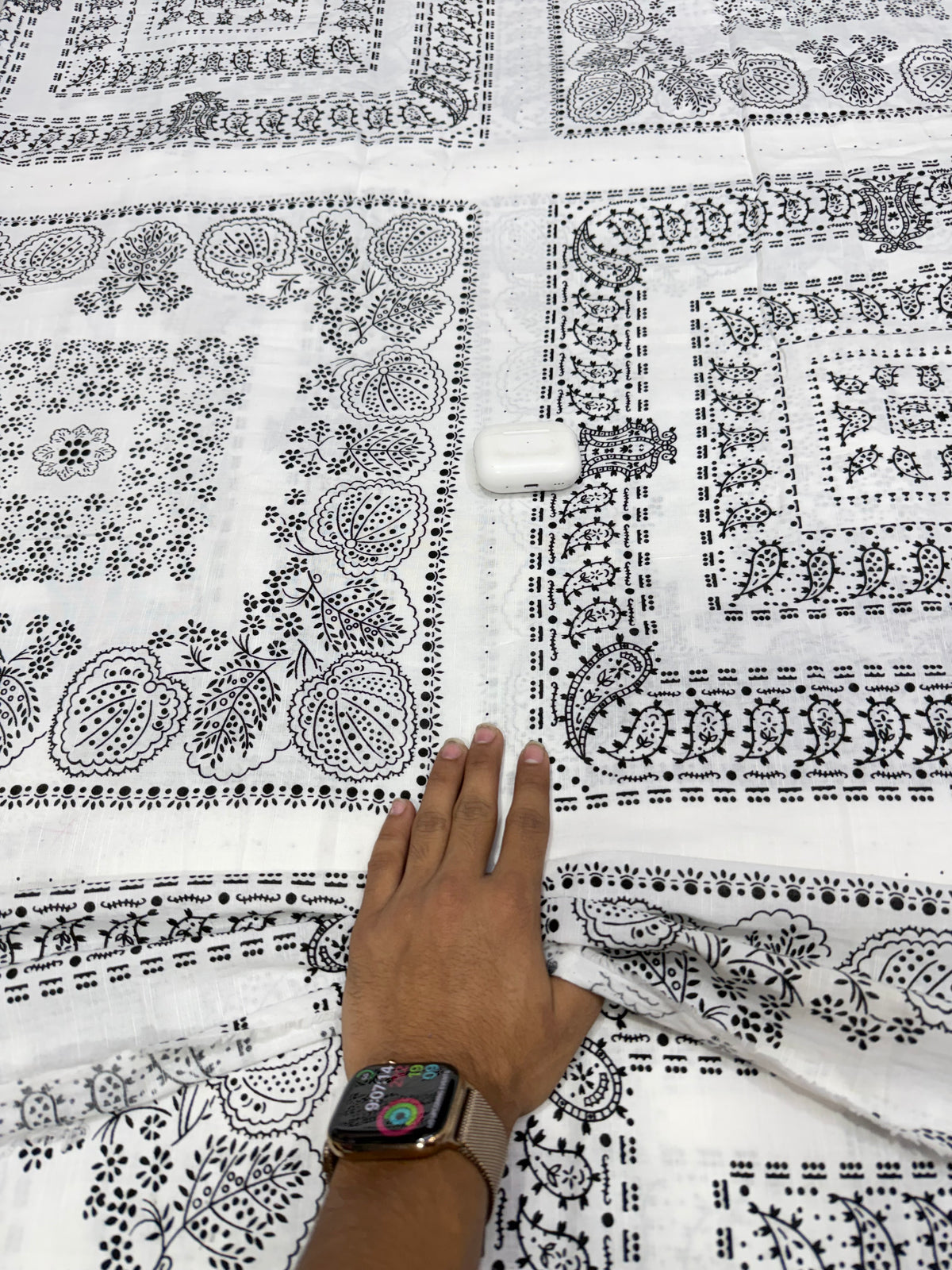 Buy Fine Cotton Linen Black White Booti Border Print Fabric